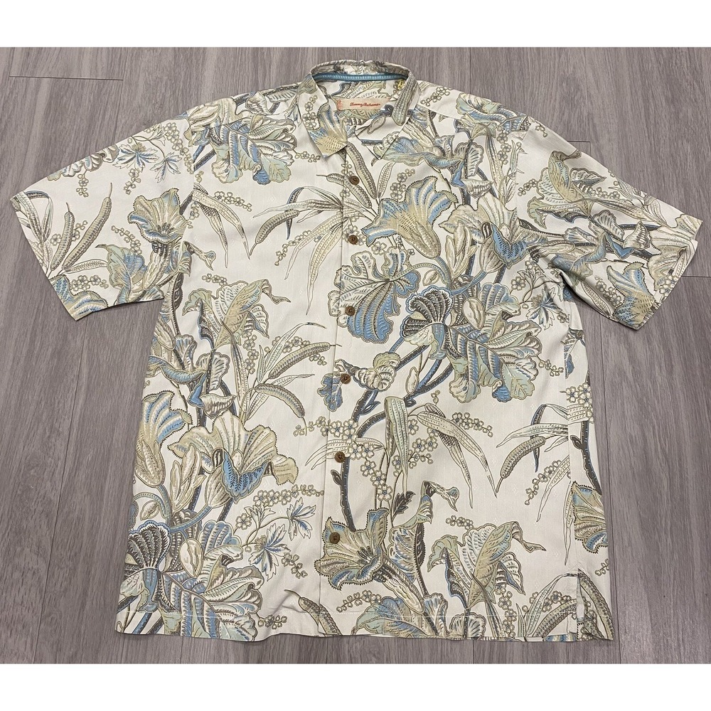 Tommy‎ Bahama 100% Silk Hawaiian Blue Floral Mens Beach Button Down Shirt XL EUC